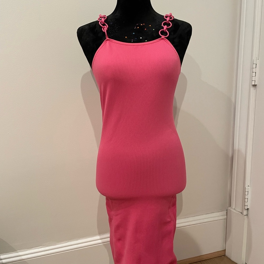 Planet Gold Vibrant Pink Ribbed Tank with Gold Logo Print